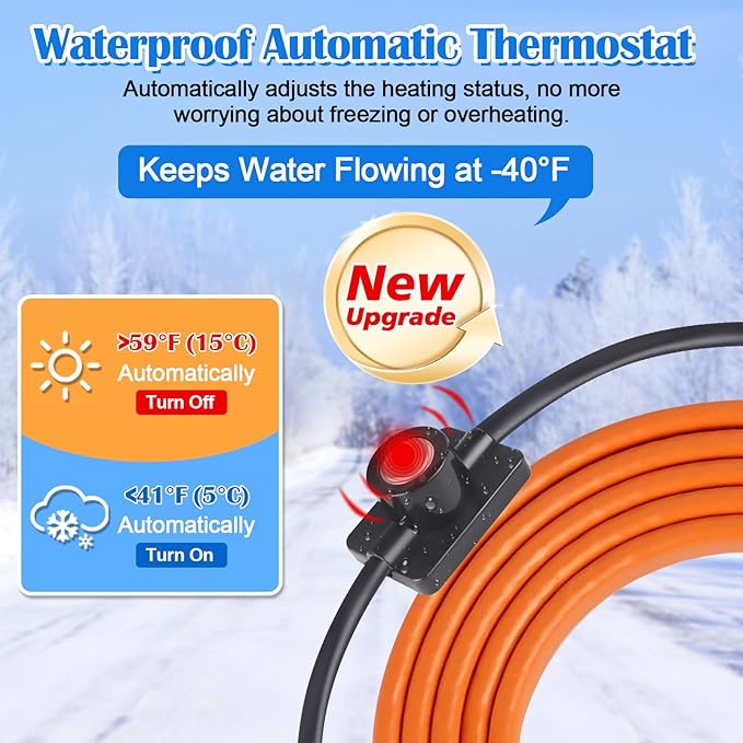 FANOVO 3ft Heat Tape for Water Pipes, Water Line Heat Tape with Thermostat, Freeze Protection Heating Tape for Water Pipes, Pipe Heat Tape, for Metal Plastic Pipes and Roof RV Protection in Winter