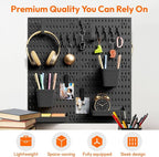 4Pcs Black Peg Board Wall Organizer, Plastic Pegboard Panel, Garage Storage Tool Organizer for Wall, Craft Room, Kitchen, Workshop, Office, Includes Hooks and Bins