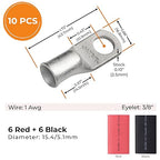SELTERM 10pcs - 1 Awg - 3/8" Stud - Battery Lugs - Ring Terminal Connectors | with 12pcs 3:1 Black & Red Heat Shrink Tubing with Adhesive | Heavy Duty Battery Cable Ends - Tinned Copper Wire Lugs Kit