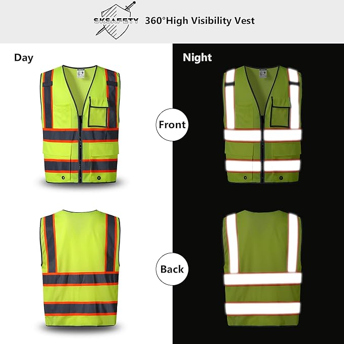 SKSAFETY 10 Pockets Safety Vest, Class 2 High Visibility Security with Zipper Back Mesh, Hi Vis Vest with Reflective Strips, ANSI/ISEA Standard, Construction Work Vest for Men ＆ Women （Lime, 2XL）
