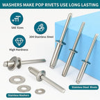 450Pcs 304 Stainless Steel Pop Rivets with Washers Assortment Kit,1/8" 3/16" 1/4" Assorted Blind Rivets 8 SAE Sizes,DIY/Home/Automotive Repairs