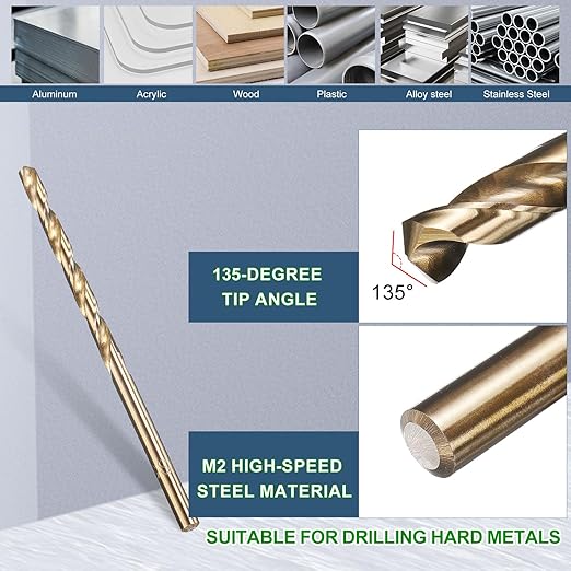 METALLIXITY Drill Bit (#27) 12Pcs, M2 High-Speed Steel Micro Number Bits Spiral Flute 135°Point Tip Gold Finish for Stainless Steel Iron Copper Aluminum Hard Metal