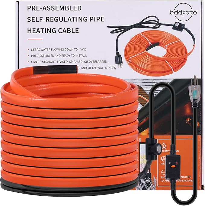50FT Heat Tape for Water Pipes Freeze Protection IP65 Waterproof 7W/FT 110V BDDFOTO Heat Cable With GFCI Protection and Thermostat,Self-Regulating Pipe Heater for Roof/RV/Water Storage Tank