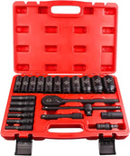 Socket Set,22 Pcs 1/2-Inch Drive Metric Deep Impact Socket Set,Cr-V Steel Sockets Size 8mm-32mm 6-Point,Includes Extension Bar,Universal Joint,1/2”Spark Plug Socket and Ratchet Handle