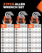 27pcs Allen Wrench Set - Long Arm SAE & Metric Torx Star Ball End Hex Key Set