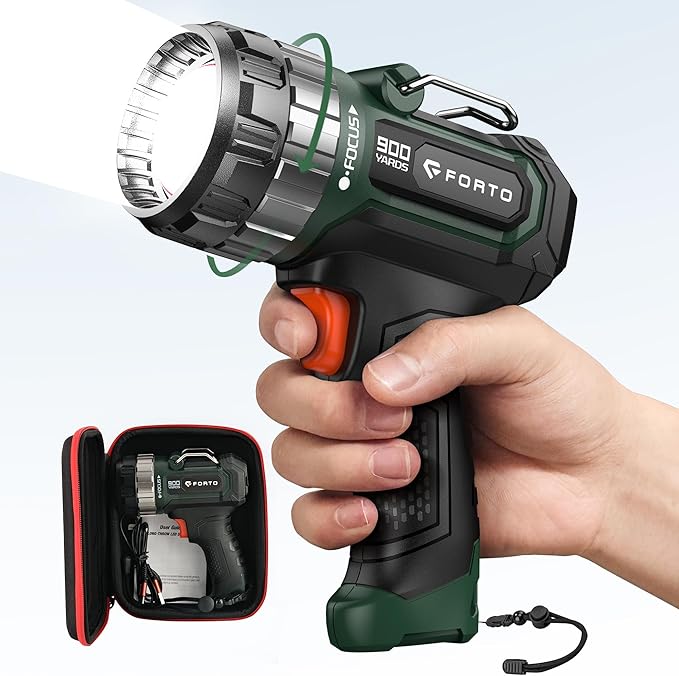 FORTO Compact Rechargeable Spotlight with Adjustable Focus, Handheld Spot Light with Stand, 823m Range, 3 Light Modes and LED Spot Lights Outdoor for Boating Hunting Camping Hiking