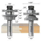 Professional 2PCS Round Over Style Rail and Stile Router Bits Set 1/2 Inch Shank, 3/8 Inch Cutting Depth, Up to 7/8 Inch Stock, Door Frame Shaper Cutters Raise Panel Making Router Bit Set