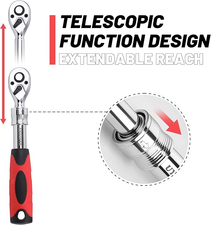 3-Piece Extendable Ratchet Set, 1/4 3/8 1/2 Inch Extendable Socket Wrench, Ratchet Wrenches Set 72-Tooth Quick-Release, Soft Grip Handle with Storage Tray