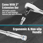 DURATECH Ratchet Set, 3-IN-1 Ratchet Handle, with 2 Extension Bars, 1/4", 3/8", 1/2" Drive Ratchet Wrench, 72-Tooth, Reversible Switch, Full-Polished Chrome Plating, Alloy Steel