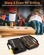 34 Pcs Woodworking Chamfer Drilling Tools Including 6 Countersink Drill Bit Set, 7 Countersink Drill Bit, 8 Plug Cutters for Woodworking, 3 Step Drill Bit and 8 Drill Stop Bit Collar Set.