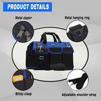 20 Inch Bottom Tools Bag With Wide Mouth For Tool Storage, Carrier and Organizer, Heavy Duty Tool Tote Bag for Men/Women, Wide Mouth Tool Bag With Inside Pockets (20 Inch)