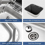 Portable RV Sink, 16.54×14.57×5.91 Inch Small Stainless Steel Bar Camping Sink with Folde Faucet and Tempered Glass Cover for Camper Trailer Caravan