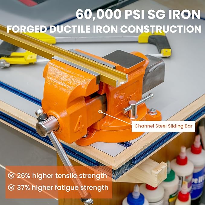 Forward Bench Vise 4 Inch Ductile Iron Bench Vice with 360 Degree Swivel Base and Channel Steel Guide Bar 30404 (4")