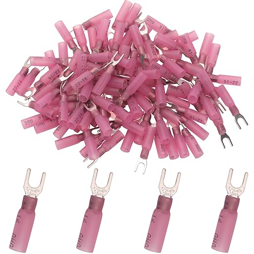 100PCS Heat Shrink Fork Connectors,Insulated AWG22-16 Fork Crimp Terminal,#8 Marine Waterproof Spade Wire Connectors