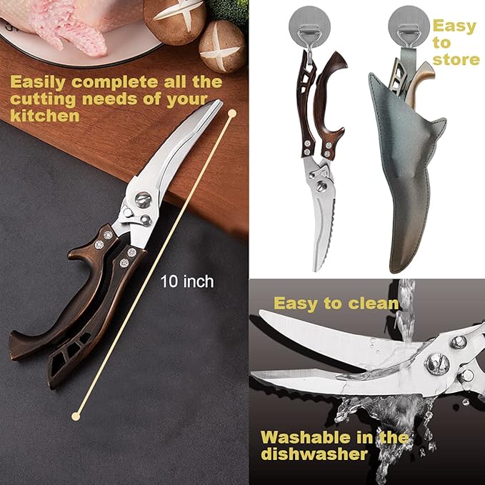 ANDONG Kitchen Scissors, Heavy Duty Professional Poultry Shears, Stainless Steel Spring Loaded, Dishwasher Safe, with Black Leather Sheath