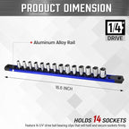 ALOANES 1/4-Inch Drive Magnetic Socket Organizer, Heavy Duty Aluminum Socket Rail Organizer, 360° Swivel Clips Socket Holder Kit for Tool Box, 1/4-Inch Socket Holder x 14 Clips (Blue)