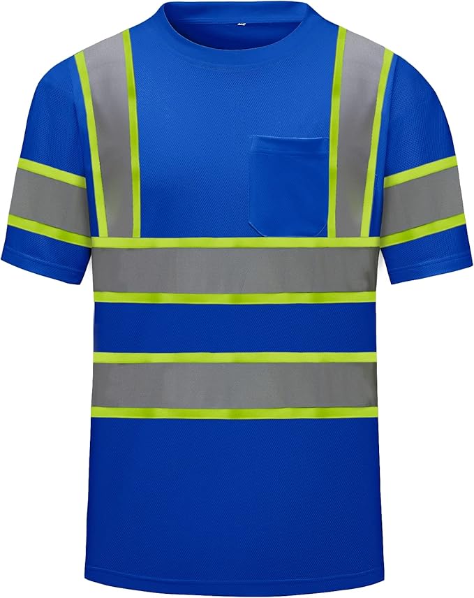 High Visibility Shirts Quick Dry Safety T Shirts with Reflective Strips and Pocket Short Sleeve Mesh Hi Vis Construction Work Class 2 Shirt for Men/Women Blue,5XL
