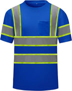 High Visibility Shirts Quick Dry Safety T Shirts with Reflective Strips and Pocket Short Sleeve Mesh Hi Vis Construction Work Class 2 Shirt for Men/Women Blue,4XL