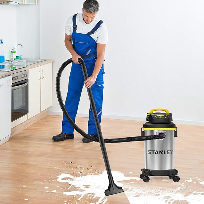 STANLEY Wet Dry Vacuum 4 Gallon, 4 Peak HP Shop Vacuum Portable Stainless Steel Multifunction for Job Site, Garage, Basement, Workshop