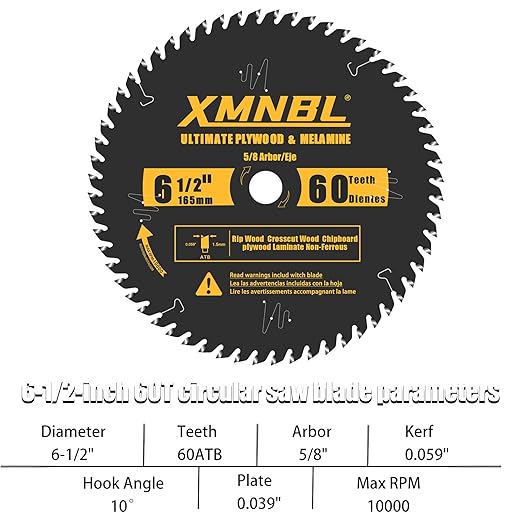 6-1/2 Inch Circular Saw Blade 60 Teeth,6-1/2 Saw Frame Ultra Fine Finish Circular Saw Blade,Compatible with for DEWALT,Makita,Skil Circular Saw,for Cutting Lumber,Plywood Material,5/8 Inch Arbor