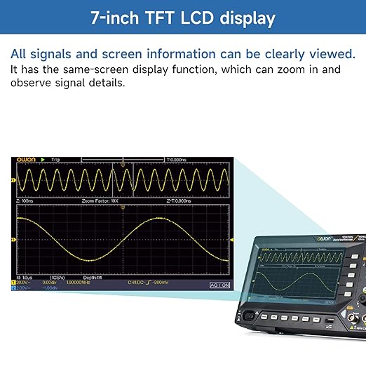 OWON Oscilloscope 100MHz Bandwidth, 2+1 Channel Digital Oscilloscope 3 in 1 Functions with 25MHz Function Generators with 7” LCD Display Support 30 Automatic Waveform Measurements OWON SDS210S