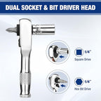 WORKPRO Stubby Ratchet & Bit Driver Set 16 PCS, 1/4", 3/8" Drive Ratchet Handle Wrench, 72-T Quick-Release Reversible Socket Wrench, 2 Socket Adapters, 2 Extension Bars, 10 PCS 1/4" Hex Bits