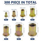 300pcs Metric Rivet Nut Assortment Kit，M3 M4 M5 M6 M8 M10 M12 Flat Head Rivnut Set, Metric Carbon Steel UNC Nutserts Rivnut, Zinc Plated, Flat Head Insert Nut Assort