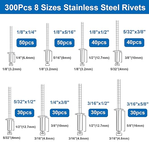 smseace 300Pcs Stainless Steel Pop Rivets Assortment Kit 8-Sizes Stainless Rivets(1/8" 5/32" 3/16") for Metal/Furniture/Automotive/Instruments Stainless Steel Rivets Set