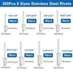 smseace 300Pcs Stainless Steel Pop Rivets Assortment Kit 8-Sizes Stainless Rivets(1/8" 5/32" 3/16") for Metal/Furniture/Automotive/Instruments Stainless Steel Rivets Set