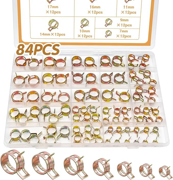 84PCS 7-17mm Fuel Line Hose Clamps Spring Clamp Silicone Vacuum Wire Air Pipe & Bushing Automotive Replacement Fastener Selection Kit DD006-c