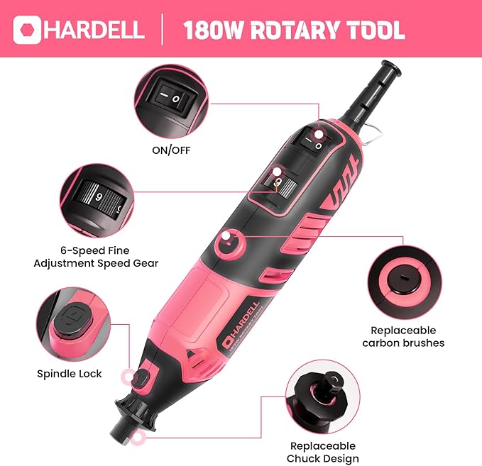 HARDELL Rotary Tool Kit - 180W Corded Power Rotary Tool 6 Variable Speeds with 61 Accessories, 8000-35000RPM, for Sanding, Polishing, Cutting, Engraving,Carving, DIY Crafts (PINK)