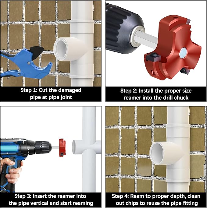 PVC Fitting Saver 2-Inch Head,Triple Blade PVC Pipe Reamer Socket Saver with 3/8-Inch Hex Shaft,Plastic Pipe Fitting Reamer Plumbing Tool for Sch.40 CPVC ABS Socket Hub,Fit Standard 1/2" Drills