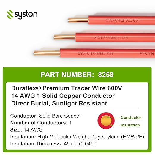 14 AWG Tracer Wire 600V 100% Solid Copper Conductor Direct Burial Underground, Red Tracer Wire for Locating Underground Pipes and Lines Electrical Wire Gas Water Sewer Pipe and Fiber Optic, 1000 FT