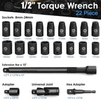 22PCS Torque Wrench Set 1/2" Drive, 10-180 ft.lb/13.6-244.1 Nm, Click Torque Wrench with Impact Sockets, 1 ft.lbs Micro, 72-Tooth Ratchet, Quick Release Head, Master Torque Tool for Car Repair