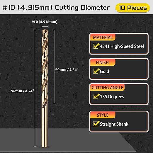 Drill Bit, #10 Cutting Diameter, 4341 HSS Gold Finish 135° Cutting Angle Number Jobber Bits - (Applications: for Drilling Soft Metal Plastic Wood), 10-Pieces