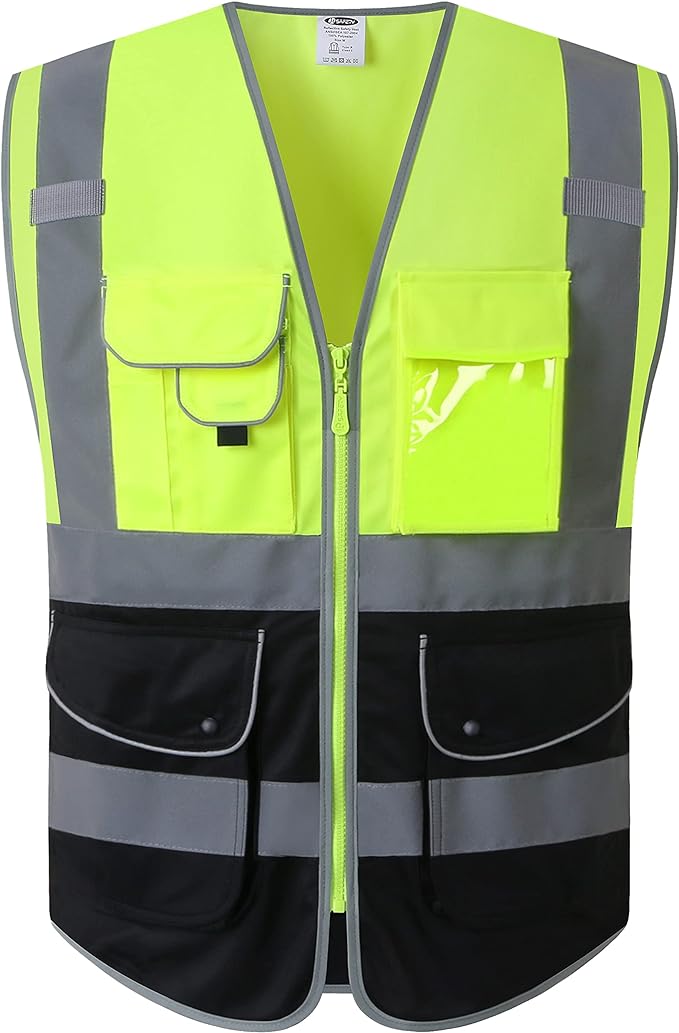 JKSafety 9 Pockets High Visible Reflective Safety Vest Zipper Front Breathable Lining, Yellow-Black Meets ANSI/ISEA Standards(150-Yellow-Black M