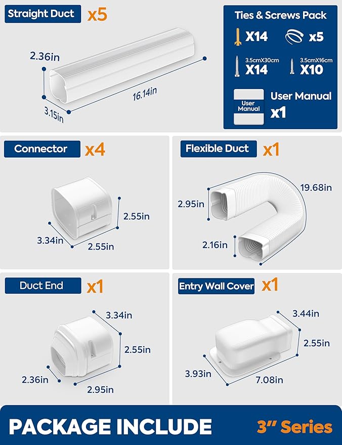 3" 9Ft Mini Split Line Set Cover with Flexible Duct, Upgrade PP Decorative Minisplit Lineset Cover Kit, Paintable for Mini Split, Air Conditioner, Central AC, HVAC and Heat Pumps, White