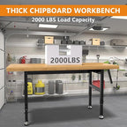 60" Work Bench, Adjustable Height Workbench with Rubber Pad, Heavy-Duty Work Table with Power Outlets, 2000 LBS Capacity Workstation for Garage, Workshop, Office, Home