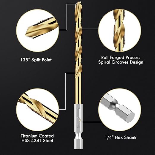 Drill Bit Set, 19Pcs Twist Drill Bit (13Pcs Hex Shank Drill Bit Set+6Pcs Cobalt Drill Bit) for Sheet Metal, Wood, Plastic, Quick Change Design (1/16" - 1/4")