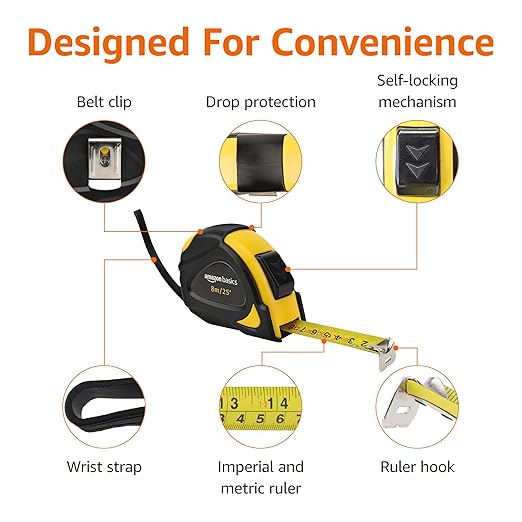 Amazon Basics Self-Locking Tape Measure, 25 feet (8-meters), inch/metric Scale, MID Accuracy, 2-Pack, Yellow