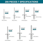 200PCS Pop Rivets Assortment Kit, Large Flange Aluminum Rivets(1/8" 3/16" 1/4") Assorted Blind Rivets with Case