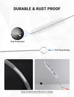 Flexible Long Drain Brush Tool with Large Double Elastic Nylon Ends, Stainless Steel Tube Cleaner Brush for Kitchen, Sink, Drain Pipe, and Long Pipe Cleaning, 2 Straw Cleaning Brushes
