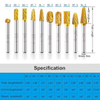 Carbide Burrs TiN Set with 1/4''Shank Double Cut Solid Power Tools Tungsten Carbide Rotary Files Bits for Die Grinder Metal Wood Carving Engraving Polishing Drilling Grinding Milling Cutting 10pcs