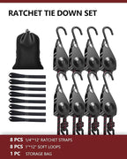 VIPARSPECTRA Ratchet Tie Down Straps, 1/4" Adjustable Rope Hangers [8 Pack, 12FT, 150 lbs/Pack], Heavy Duty Kayak Pulley System with Hooks for Garage Cargo Trucks Tents Grow Lights Various Lashing