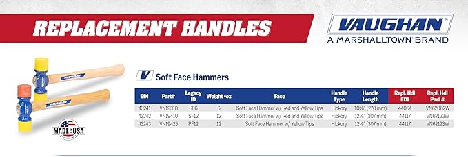 VAUGHAN Soft Face Hammer, Made In The USA, American High Carbon Steel Head, 12 oz, PF12, VN19425