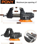 PONY 4 Inch Heavy Duty Bench Vise 4400LBS Clamping Force, Pro Workshop Workbench Vise with 360-Degree Rotatable Base and Anvil, 4-Inch Jaw Opening and Width for Woodworking, Drilling, Pipe Cutting