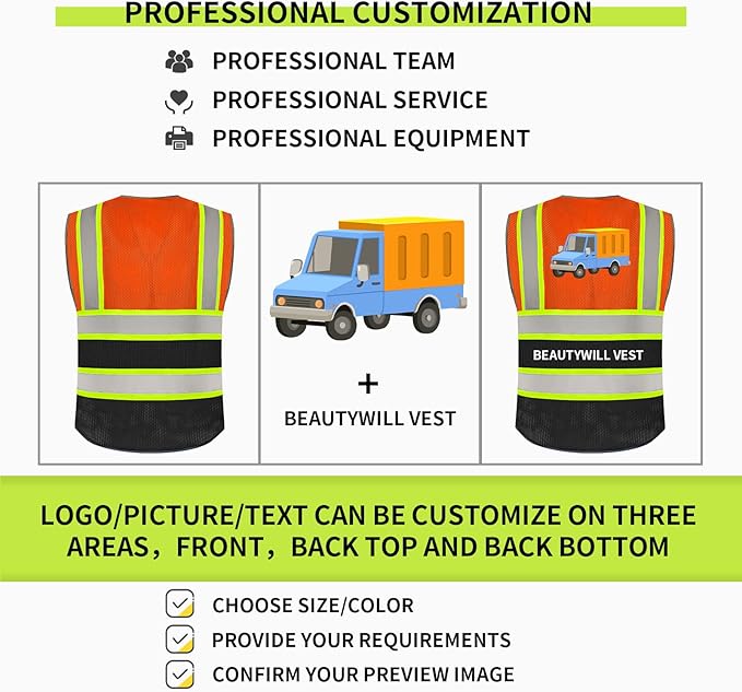 BeautyWill Custom Logo 10/20 Pack Safety Vest Class2 High Visibility Vest with Pockets Breathable Construction Vest Bulk