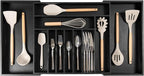 Premium Silverware, Flatware and Utensil Organizer for Kitchen Drawers, Food-Safe Contract Grade, Expandable from 18 to 33 In, Black Bamboo