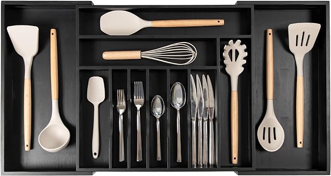 Premium Silverware, Flatware and Utensil Organizer for Kitchen Drawers, Food-Safe Contract Grade, Expandable from 18 to 33 In, Black Bamboo