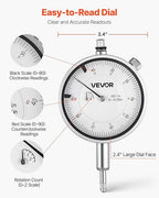 VEVOR Dial Test Indicator and Bore Gauge Measuring Tool Set, Dial Indicator 0.001 inch Accuracy, 2-6 inch Bore Range with Rod, Storage Case, Anvils for Industrial Machining Measurements